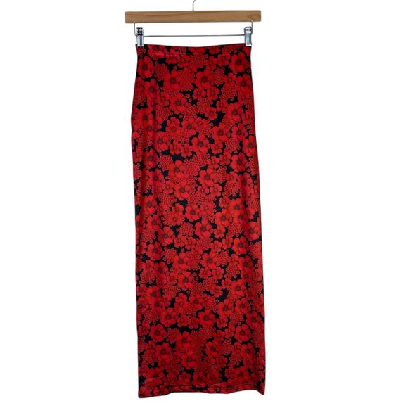 NWT Crop Top Maxi Skirt Matching Set Womens S Red Black Floral Bell Sleeve Indie - Picture 3 of 8